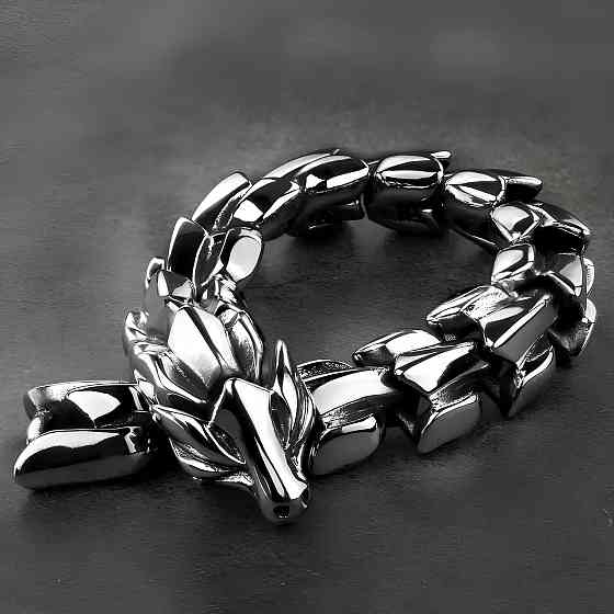 Сталевий чоловічий браслет у вигляді дракона RESTEQ — сріблястий браслет Дракон, довжина 19 см, 95 г Київ