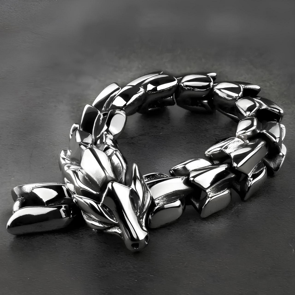Сталевий чоловічий браслет у вигляді дракона RESTEQ — сріблястий браслет Дракон, довжина 19 см, 95 г Київ - фото 1