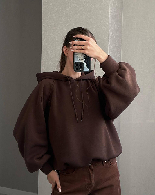 Жіноча базова тепла худіоверсайз тринитка на флісі Шоколад Одеса - фото 1