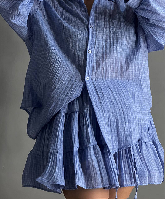 Костюм жіночий Xingyue 318-3 мусліновий у клітинку сорочка оверсайз і спідниця-шорти, блакитний, one size Київ - фото 4