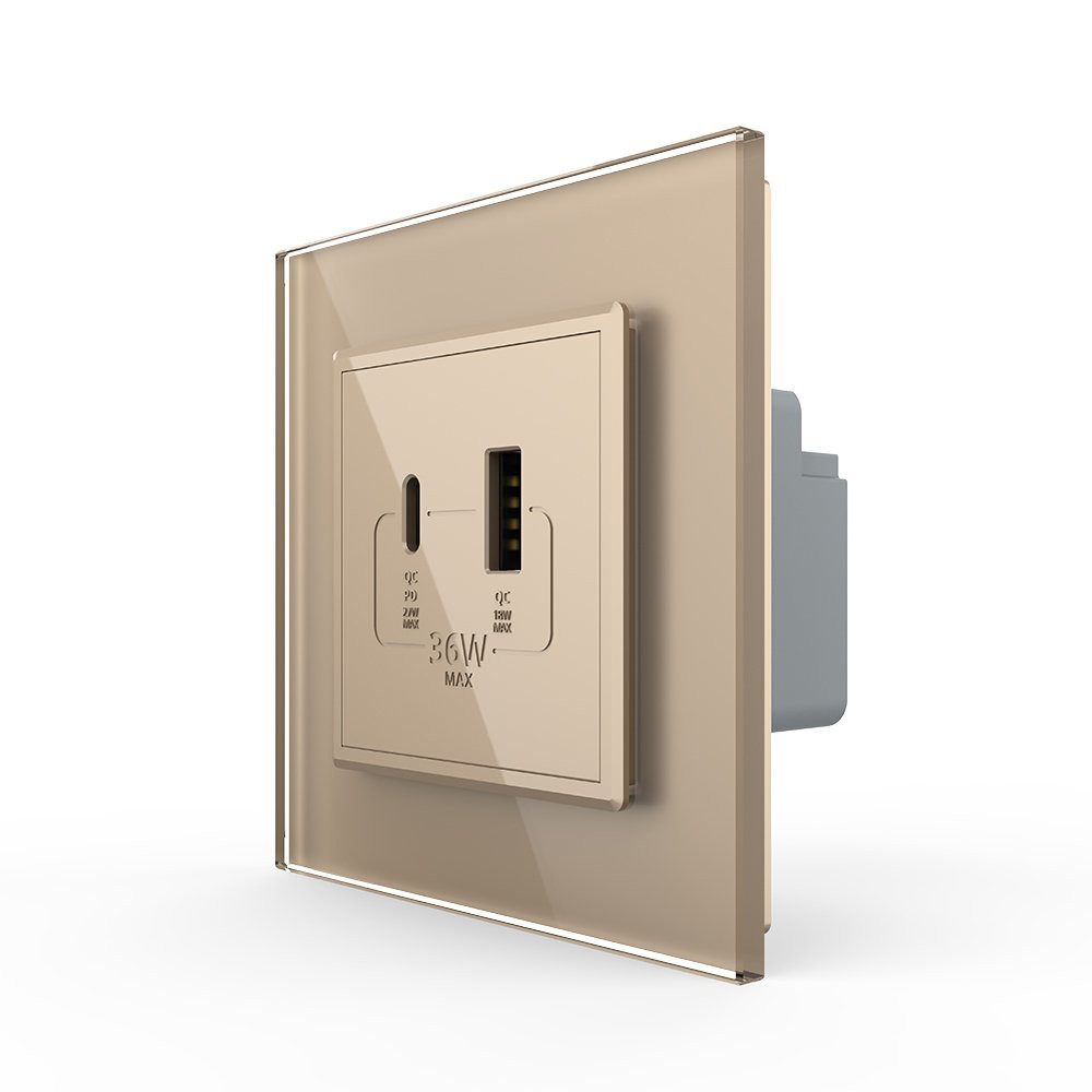 LIVOLO Розетка USB-A та USB-C з Power Delivery 36W Livolo золотий скло (VL-C7FCUA18W.UC18W-2AP) Коломия - фото 8