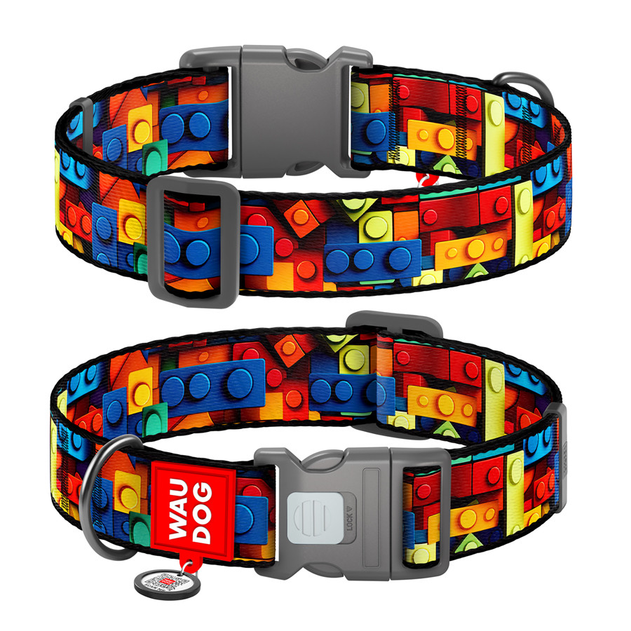 Нашийник для собак нейлоновий WAUDOG Nylon з QR паспортом, малюнок "Блоки", пластиковий фастекс Коломыя - изображение 1