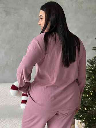 Піжама жіноча великого розміру штани та лонгслів батал PLUS SIZE з вишивкою для дому та сну з довгими рукавами рожева Одеса