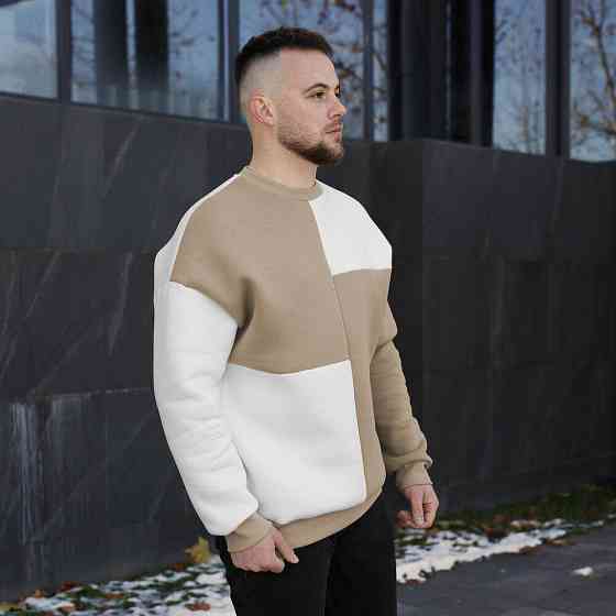 Мужской двухцветный стильный свитшот Pobedov The One. Свитшот оверсайт осенне-зимний молочно-песочный Киев