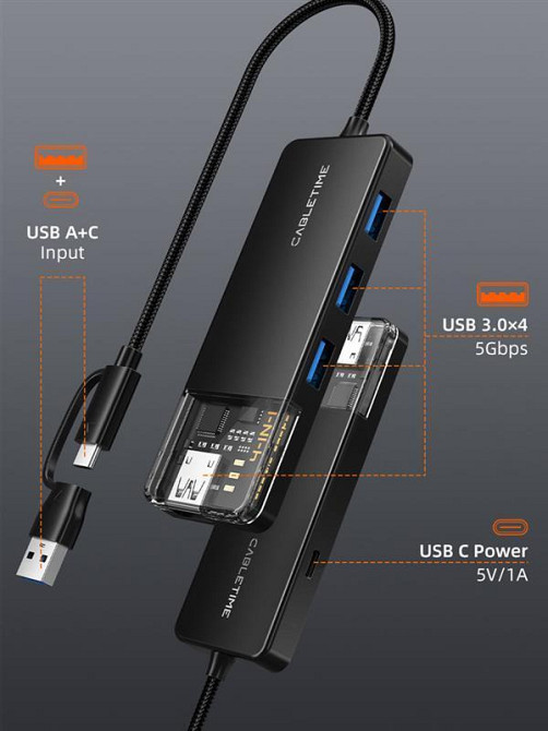 Концентратор Cabletime USB C/A - 4 Port USB 3.0, 5Gbps, 0.15 м (CB05B) Чорний Харків - фото 2