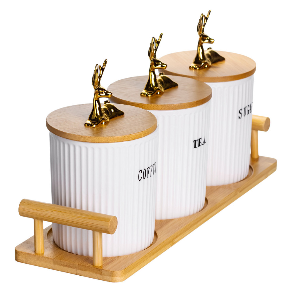 Yiwu Набір порцелянових банок для сипучих продуктів на підставці з ручками 3 шт по 400 мл SCT-6 Коломия - фото 4