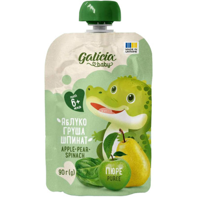 Дитяче пюре Galicia Baby яблучно-грушево-шпинатне натуральне гомогенізоване 90 г (4820209564426) Вінниця - фото 1