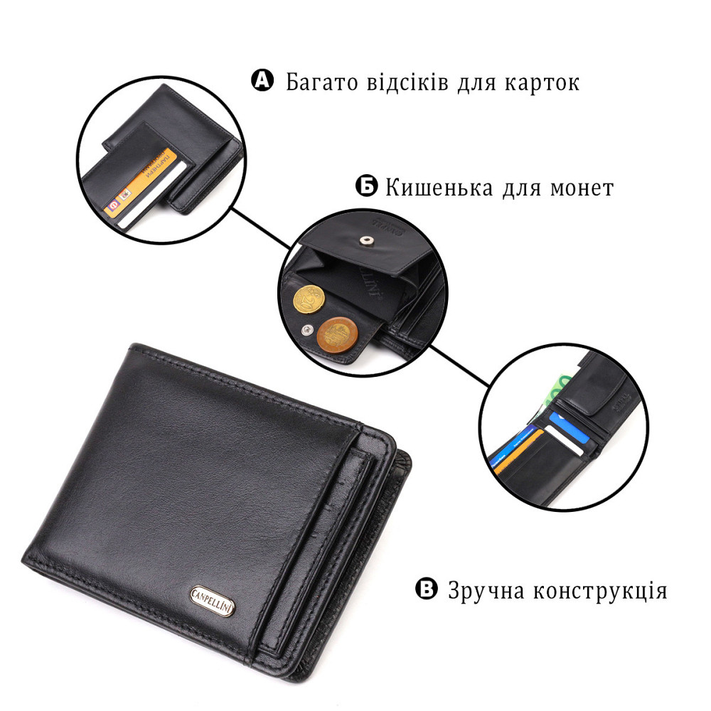 Практичный компактный кошелек с вкладышем для удостоверения для мужчин из натуральной гладкой кожи CANPELLINI 21876 Черный Киев - изображение 4