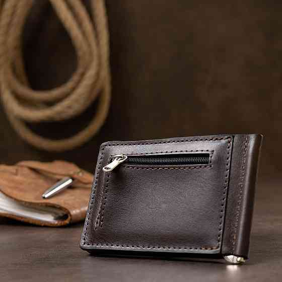 Кожаный мужской зажим для денег с монетницей GRANDE PELLE 11547 Коричневый Киев