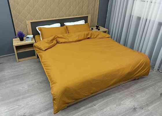 Комплект постільної білизни Страйп-сатин Двоспальний 180х220 з простирадлом на резинці Гірчичний (88-181) Київ