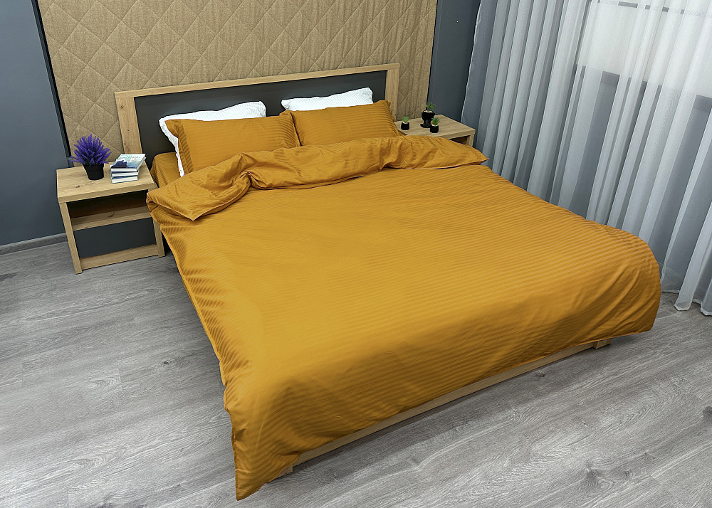 Комплект постільної білизни Страйп-сатин Двоспальний 180х220 з простирадлом на резинці Гірчичний (88-181) Київ - фото 3