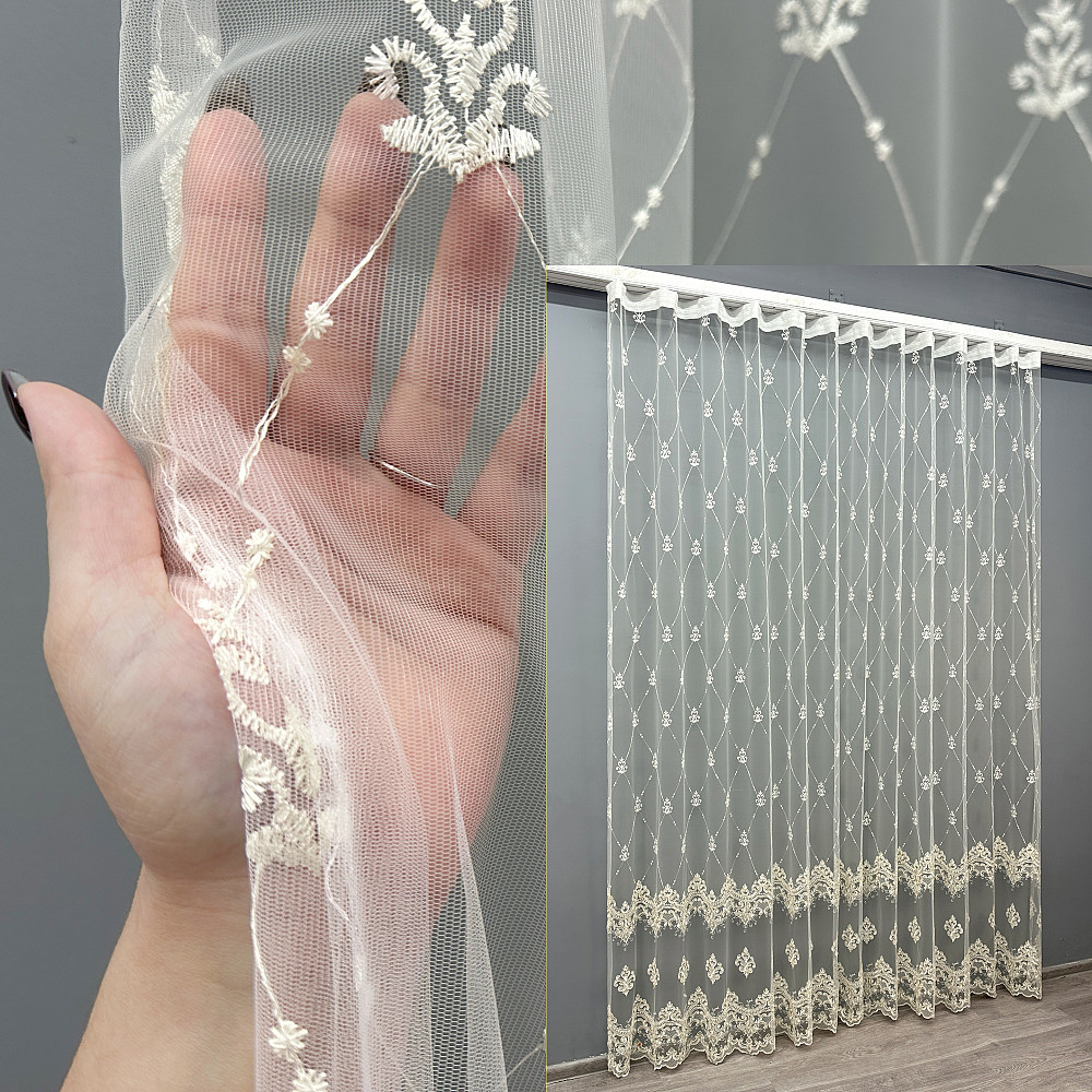 Тюль VR-Textil 1847т Фатин с вышивкой и люрексом Молочный с золотистым 300х270 см (40-201) Киев - изображение 1