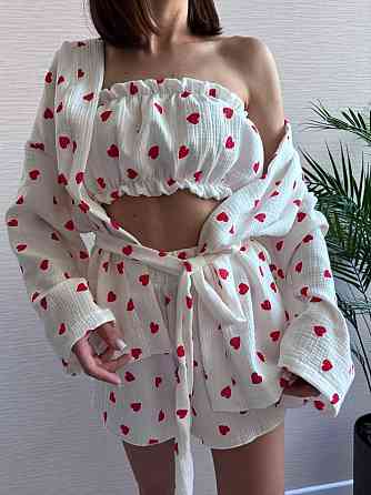 Жіночий ніжний домашній костюм-трійка: халат топ і шорти із сердечками муслін 100% бавовна Білий 2 Одеса