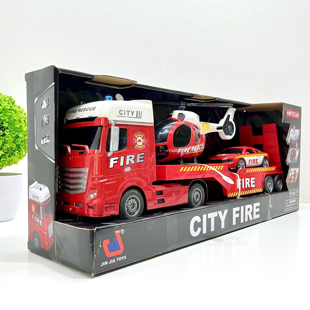 Трейлер Пожежна машина звуки підсвічування інерція гумові шини машинка вертоліт Червоний (666-66 F) Чернигов - изображение 5