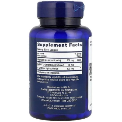 Вітамінно-мінеральний комплекс Life Extension Глутатіон, цистеїн та вітамін C, Glutathione, Cysteine & C, 100 капсул (LEX-15411) Вінниця - фото 2