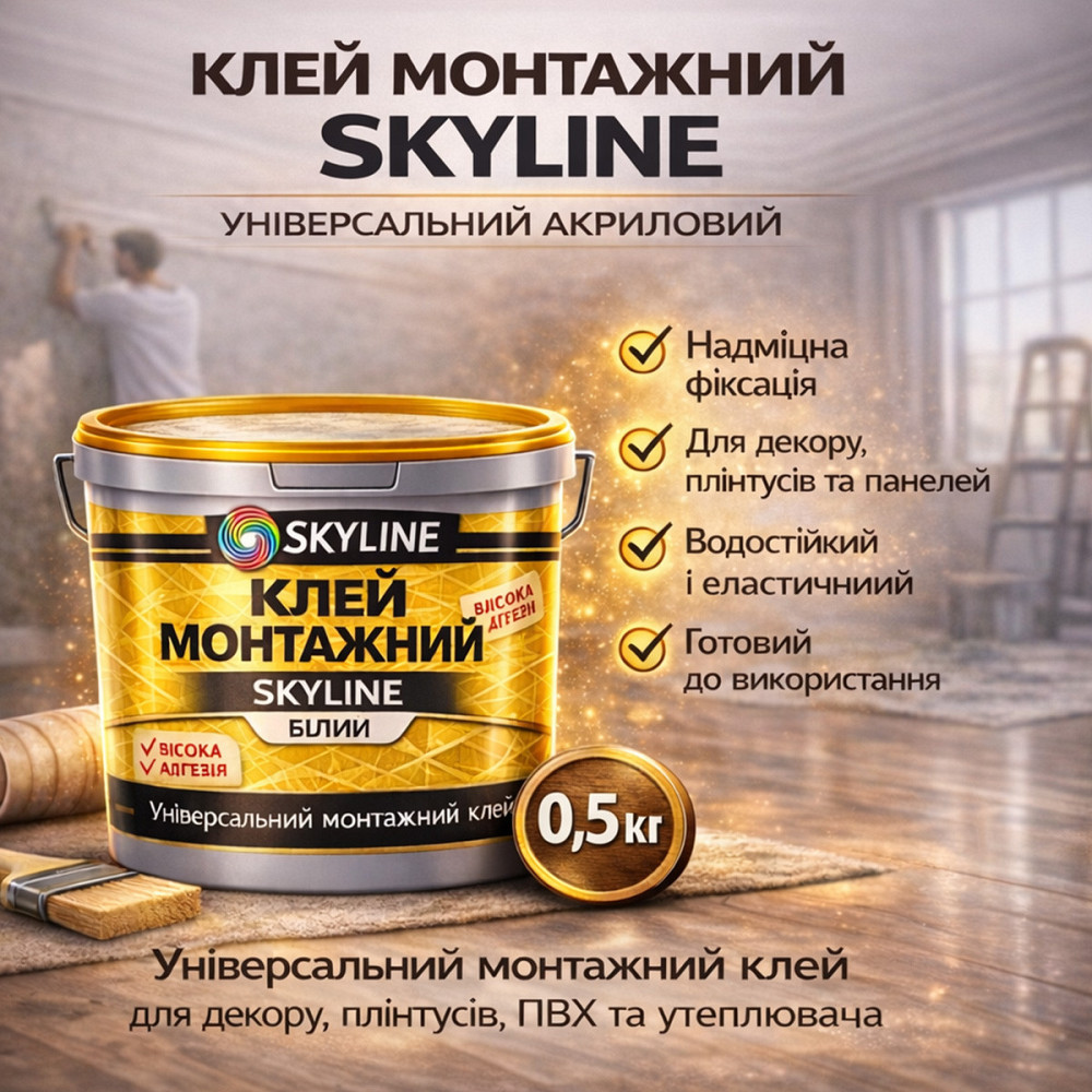 Клей монтажний акриловий 0.5 кг Skyline універсальний вологостійкий білий для декору, плінтусів та ПВХ Харків - фото 1