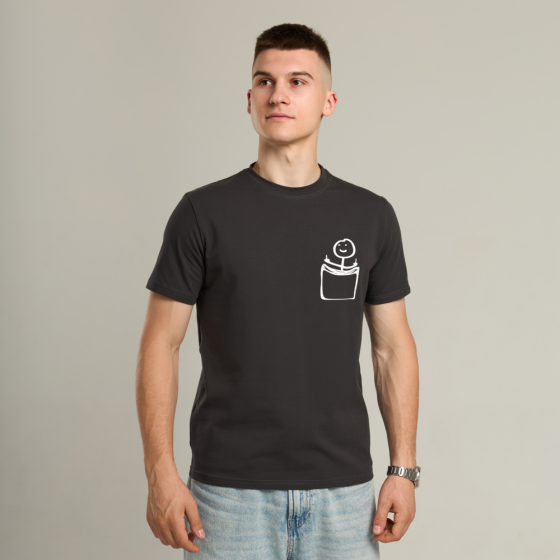 Футболка чоловіча однотонна темно-сіра Pobedov Peremoga - наклейка Чоловічок з факами Київ