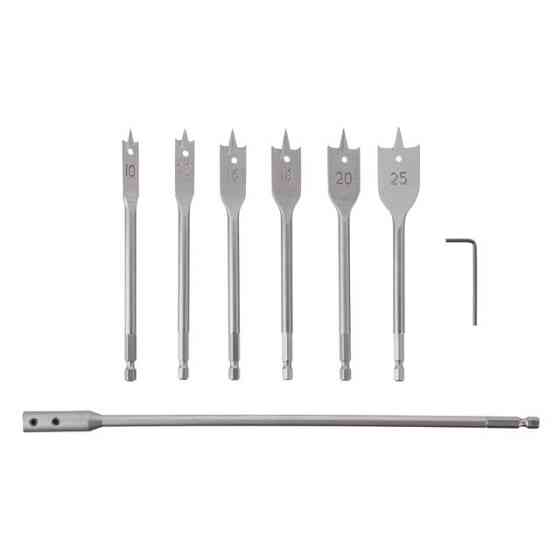 Набір пір'яних свердел по деревині, 6 шт. (10, 12, 16, 18, 20, 25 мм), HEX, подовжувач 300 мм INTERTOOL SD-0207 Київ