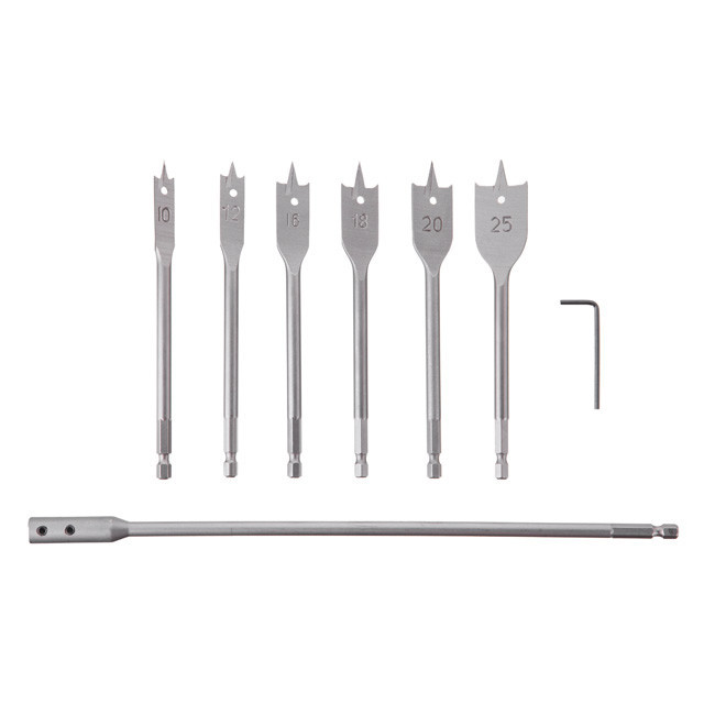 Набір пір'яних свердел по деревині, 6 шт. (10, 12, 16, 18, 20, 25 мм), HEX, подовжувач 300 мм INTERTOOL SD-0207 Киев - изображение 1