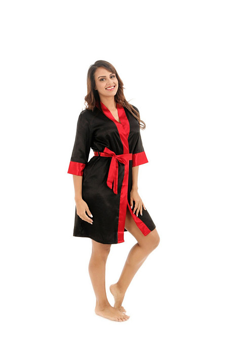 Женский атласный халат под пояс длина 90см с красными манжетами XS Черный Харьков - изображение 3