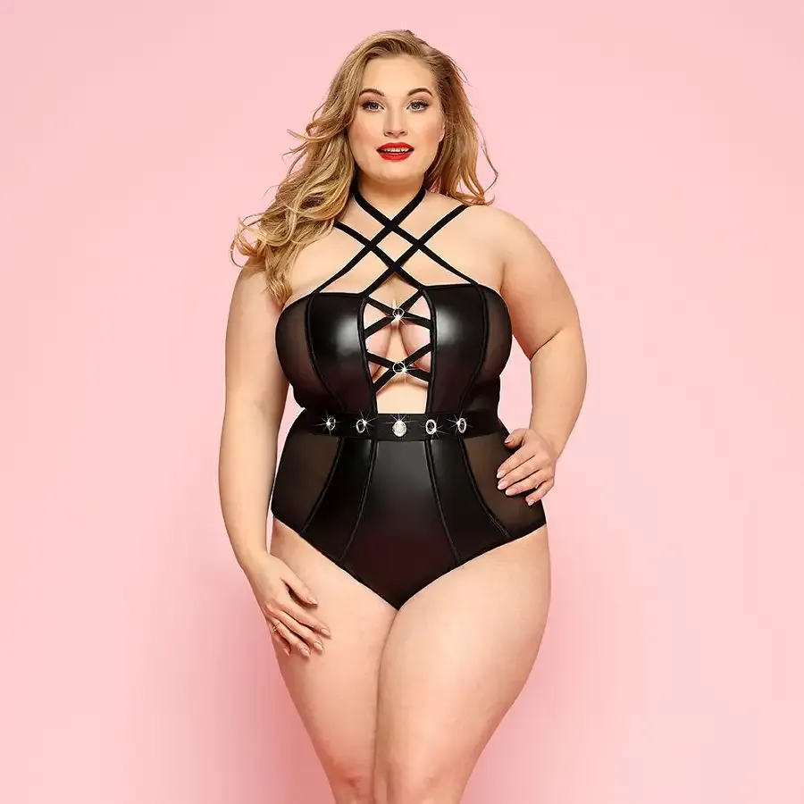 Сексуальне боді JSY «Пристрасна Лорейн» Plus Size Black, люверси, стрепи, екошкіра, шнурівка Львов - изображение 1