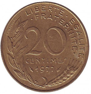 Монета 20 сантимів. 1959-2002 рік, Франція. Полтава - фото 1