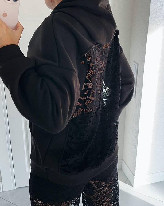 Жіноче стильне худі з прозорою спинкою з мережива тринитка на флісі + гіпюр 48/52 Одеса - фото 3