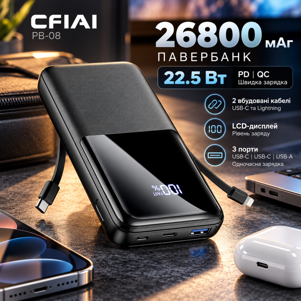 Повербанк CFIAI PB-08 26800 мАч, быстрая зарядка 22.5 Вт PD QC, 2 встроенных кабеля USB-C для iPhone, LCD-дисплей, черный Киев - изображение 1