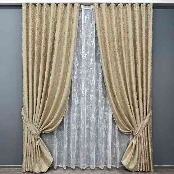 Комплект штор VR-Textil Льон Мармур 150х270 2шт і Тюль 500х270 1270ш-1400т Бежевий з білим 71-123/4 Київ