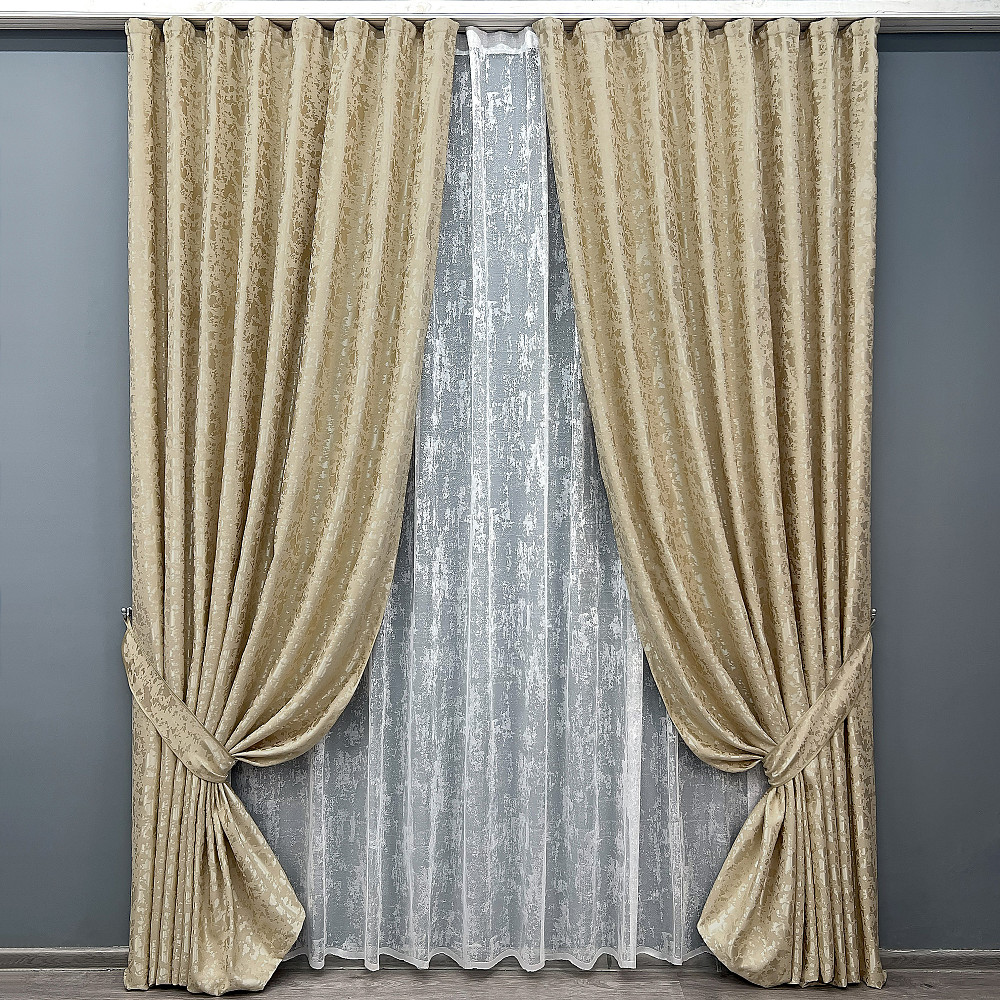 Комплект штор VR-Textil Льон Мармур 150х270 2шт і Тюль 500х270 1270ш-1400т Бежевий з білим 71-123/4 Київ - фото 1
