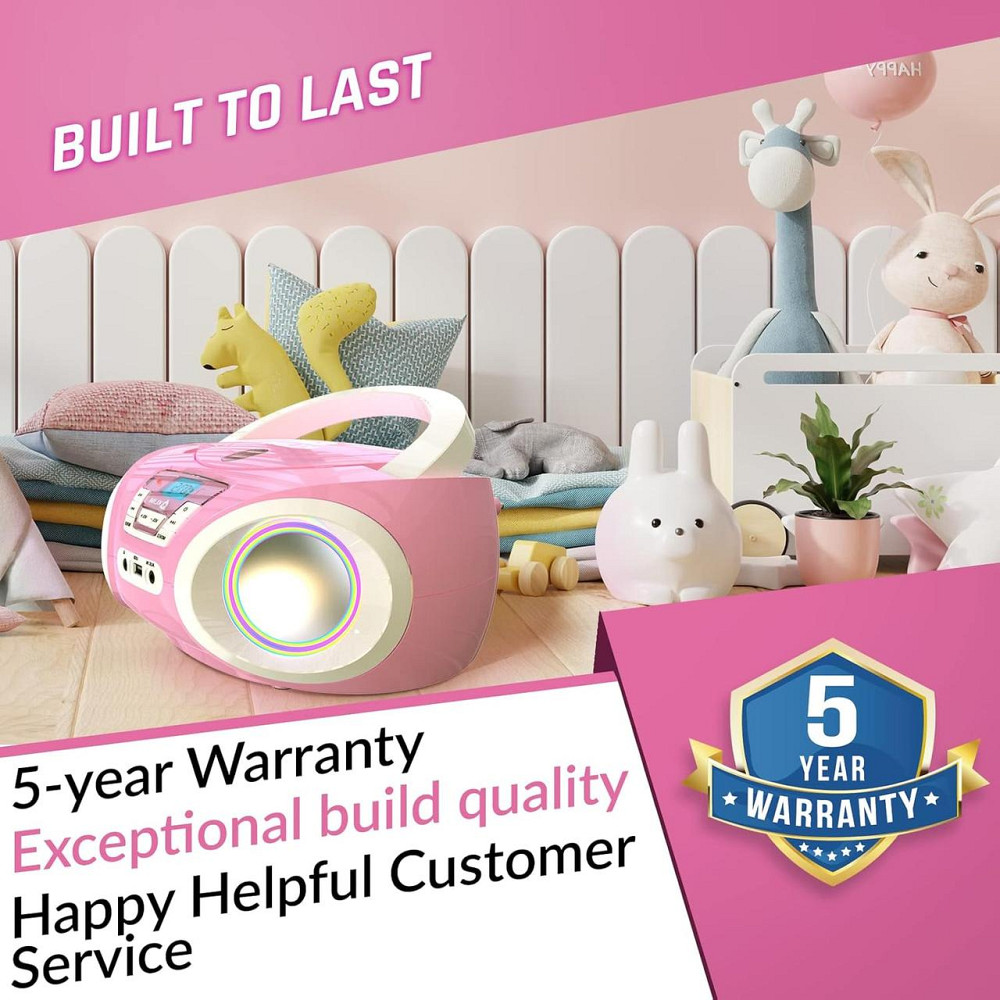 CD-плеер с FM-радио, бумбокс портативный с RGB-подсветкой, USB/AUX на батарейках розовый, проигрыватель дисков Киев - изображение 7