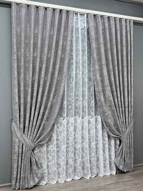 Комплект штор VR-Textil Жакард Мармур 100х270 2шт і Тюль 400х270 1668ш-1529т Сірий з білим 71-183/2 Київ - фото 2