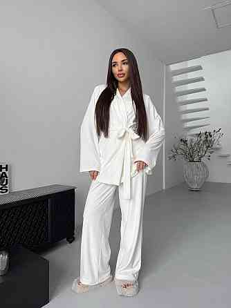 Жіночий стильний домашній костюм штани палаццо + кімоно, велюр Молочний, 46/48 Одеса