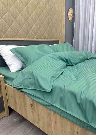 Комплект постельного белья Страйп-сатин Двуспальный 180х220 с простыней на резинке Бирюзовый (88-098) Киев