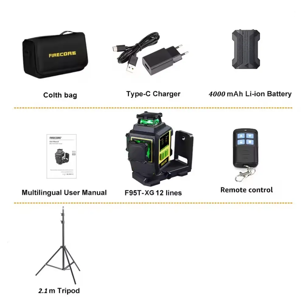Лазерний рівень нівелір Firecore F95T-XG 4000 мА 3D (12 ліній) 360 зі штативом 2.10 м Київ - фото 3