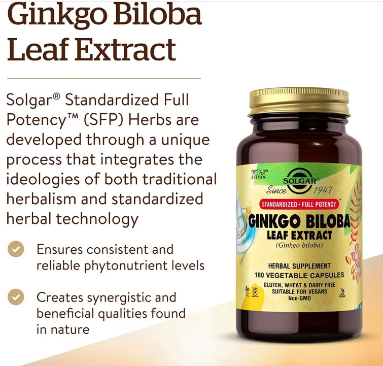 Екстракт листя Гінкго Білоба Solgar Ginkgo Biloba 180 капс Київ - фото 2
