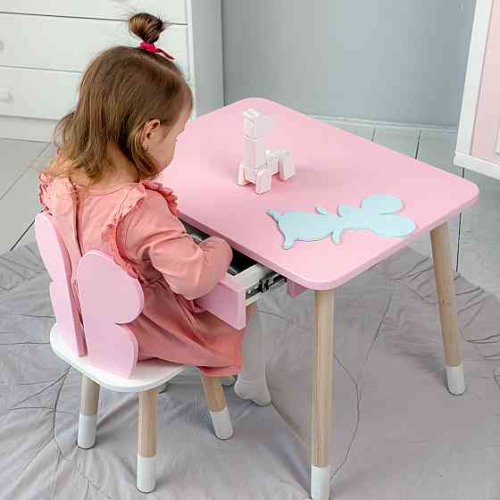Стіл прямокутний з ящиком для речей 46х60х45 і стілець метелик 26х26х24, столик та стільчик в дитячу, рожевий з білим Київ