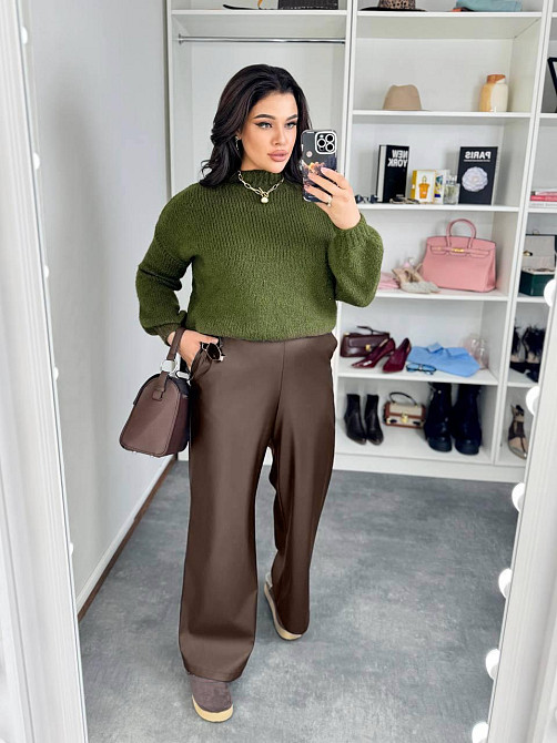 Жіночі базові штани палаццо на гумці з екошкіри Шоколад, 46/48 Одеса - фото 1