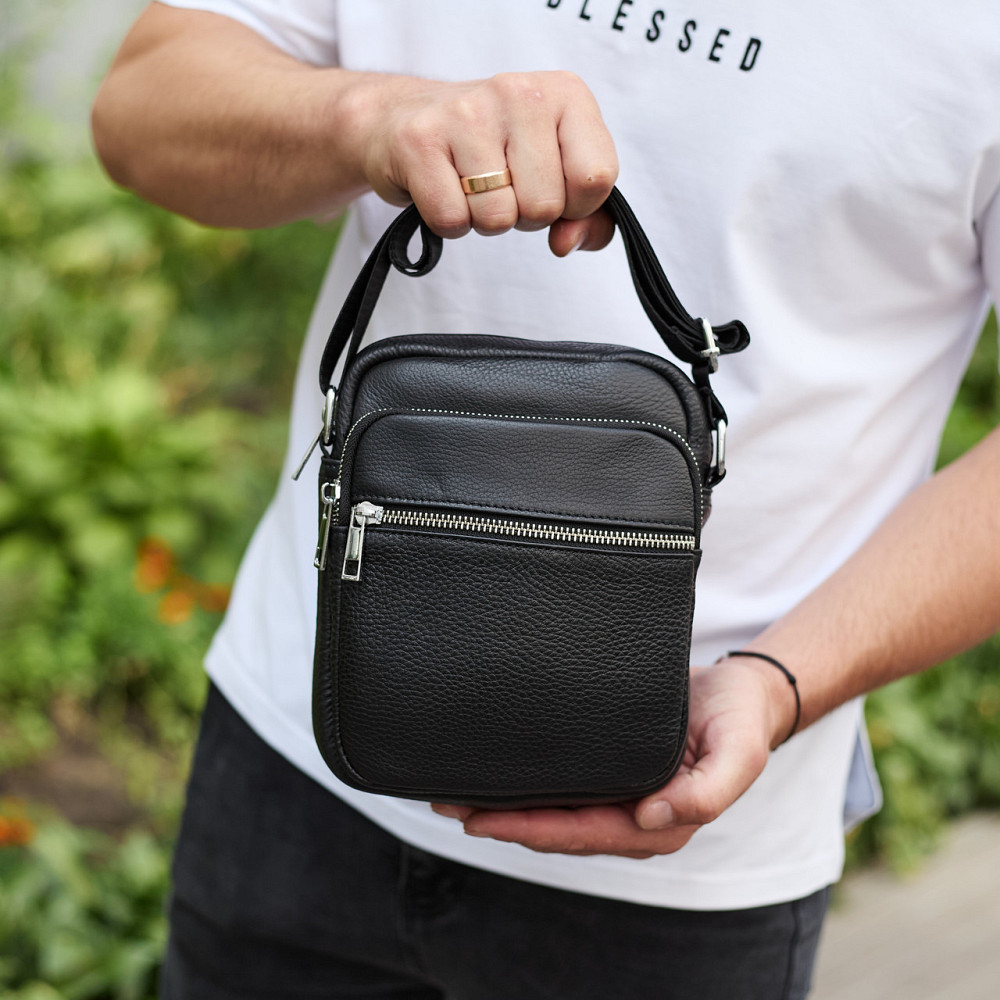 Мужская кожаная борсетка 21х17х7, сумка для города, компактный мессенджер для ежедневного использования, черная Киев - изображение 2