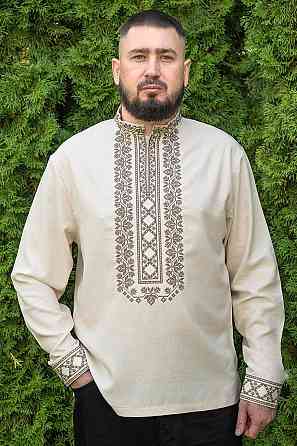Вишиванка чоловіча, лляна, з довгим рукавом, світло-бежева льон  Одяг, топ 52/54 Київ