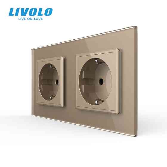 LIVOLO Подвійна електрична розетка з заземленням LIVOLO, золота, скляна рамка, шторки, 250В 16А Коломыя