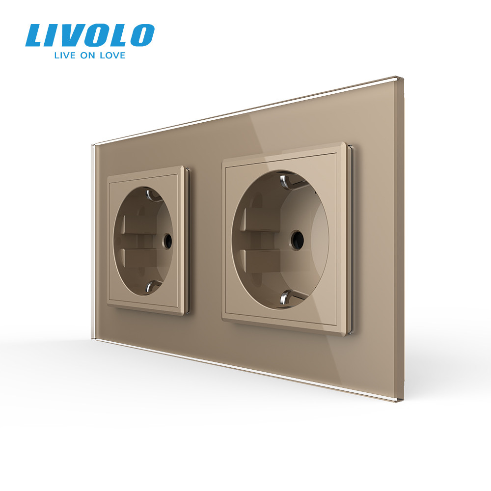 LIVOLO Подвійна електрична розетка з заземленням LIVOLO, золота, скляна рамка, шторки, 250В 16А Коломыя - изображение 1