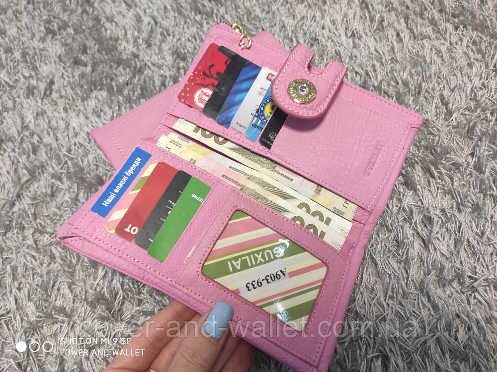 Гарний рожевий жіночий шкіряний гаманець на кнопці та змійці Guxilai Київ - фото 5