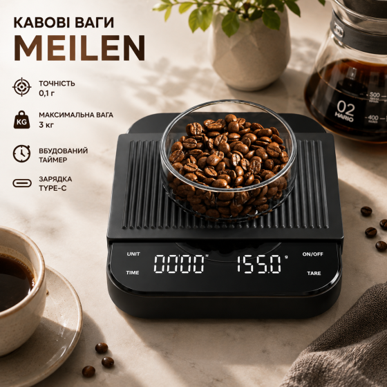 Кофейные весы MEILEN 3 кг/0,1 г с таймером, Type-C, цифровые весы для кофе Pour Over и эспрессо, черные Киев