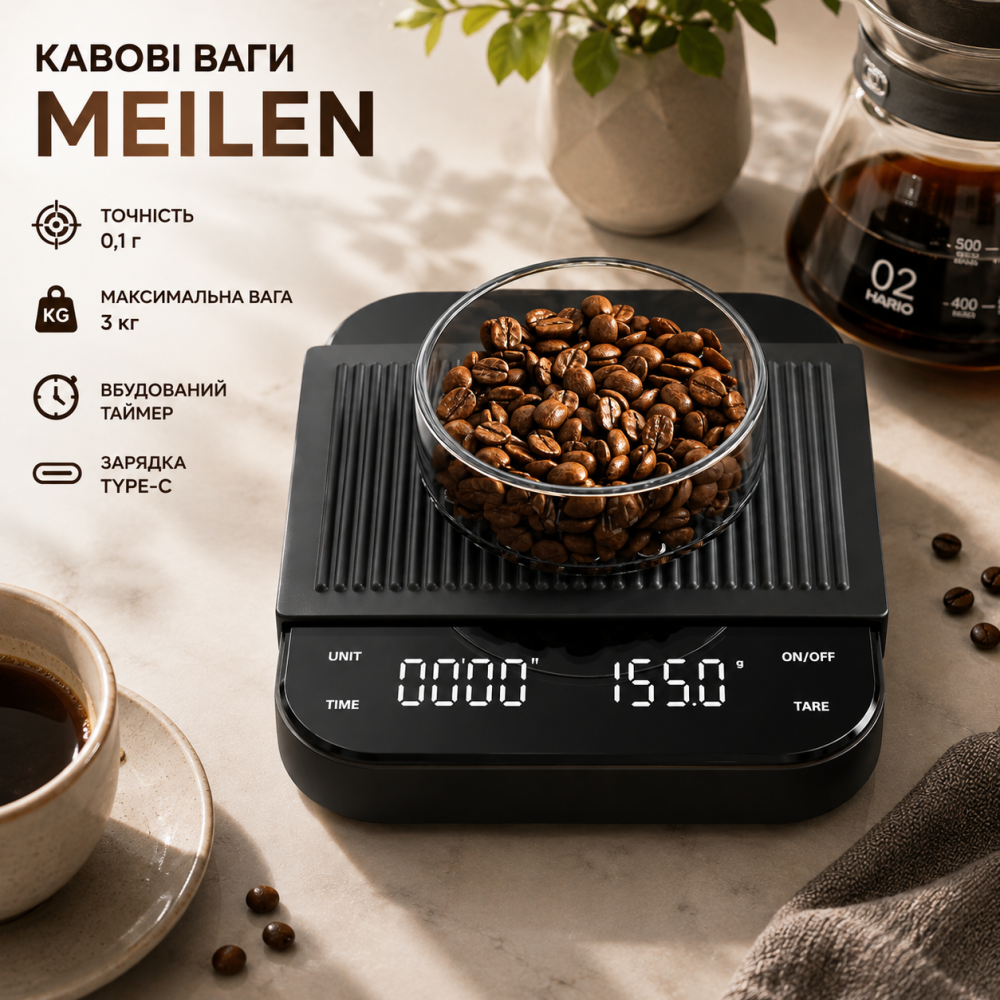 Кофейные весы MEILEN 3 кг/0,1 г с таймером, Type-C, цифровые весы для кофе Pour Over и эспрессо, черные Киев - изображение 1