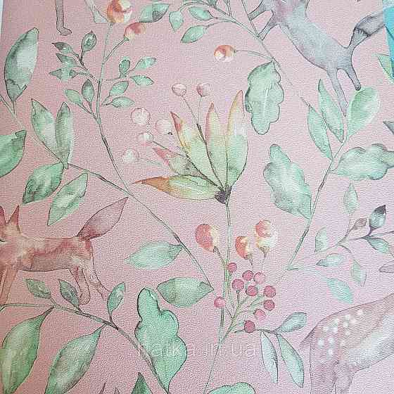 Флізелінові шпалери дитячі BN Doodleedo 0,53 х 10 м тварини олені квіти листя на рожевому Київ