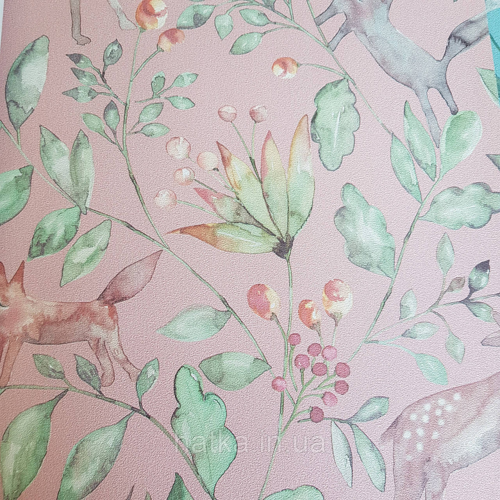 Флізелінові шпалери дитячі BN Doodleedo 0,53 х 10 м тварини олені квіти листя на рожевому Київ - фото 1