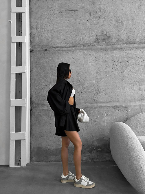 Женский летний прогулочный оверсайз костюм двойка: рубашка и шорты лен Черный Одесса - изображение 7