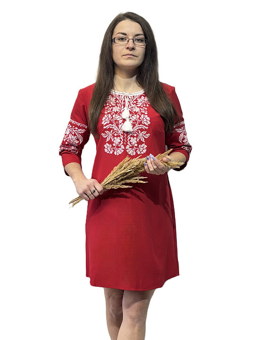 Жіноче червоне вишите плаття з квітковою білою вишивкою 56-58 Київ - фото 1