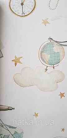 Шпалери флізелінові еко Rasch Kids World II 0.53х10 дитячі карти глобуса компаси літаки зірки на блакитному Київ